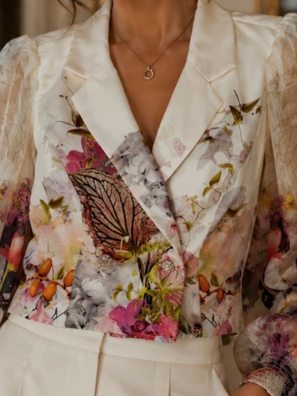 Sheer Floral Cropped Blazer with Puff Sleeves - Cream & Multi